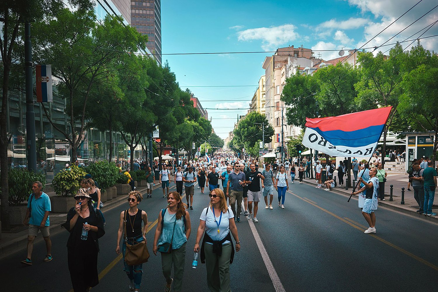 Belgrade, Serbia - June 28, 2025: A large protest on the eve of the great Serbian holiday Vidovdan in the city center, the people want early parliamen