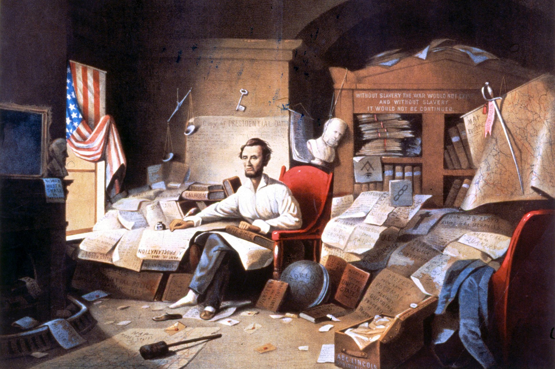 „Raději bych emigroval do země, kde se nepředstírá láska k svobodě – třeba do Ruska." (Abraham Lincoln sepisuje Proklamaci osvobození)
Autor: Getty Images
