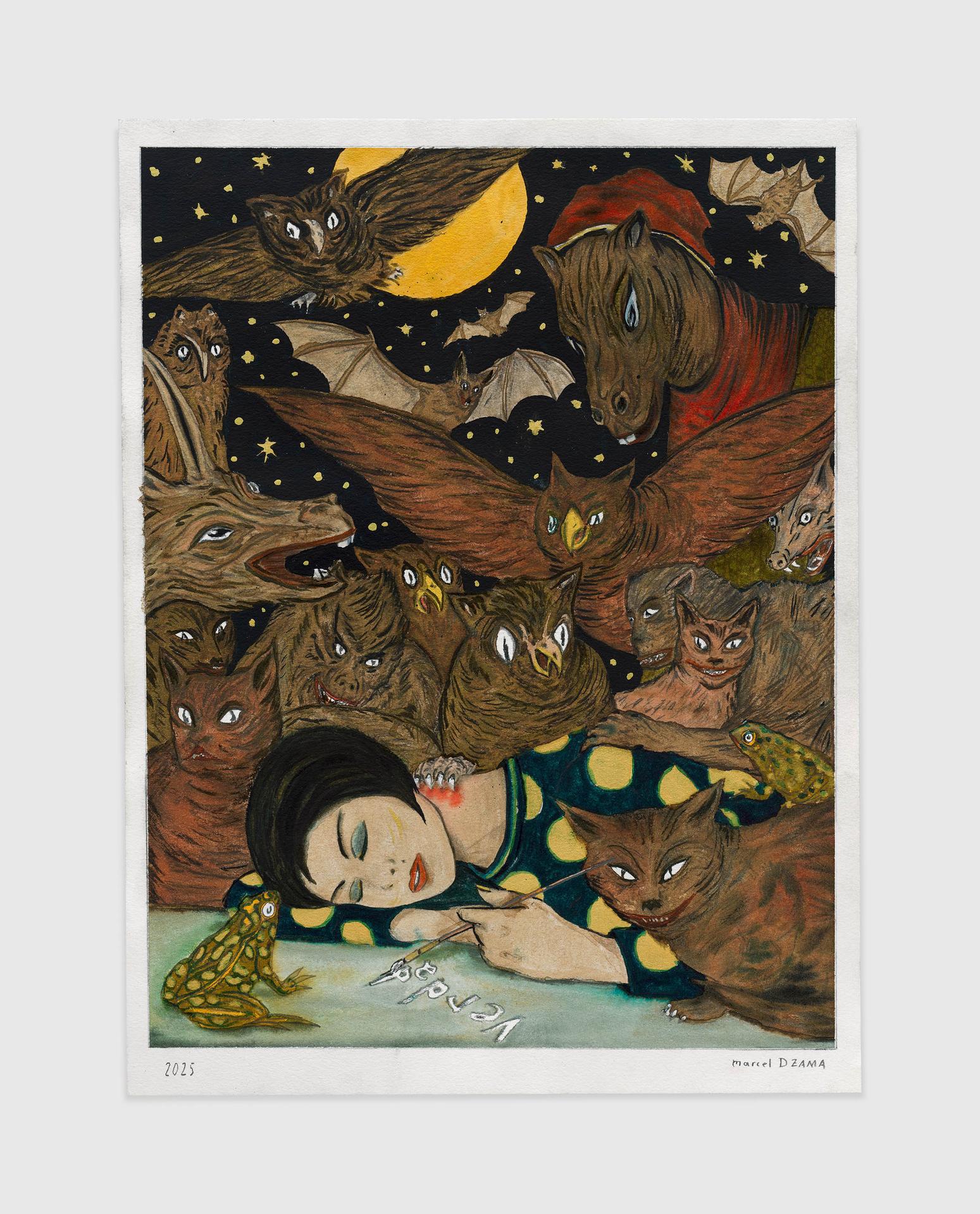 Kresba Marcela Dzamy Spánek pravdy (2025). Dílo, na kterém jsou vyobrazena mytická zvířata pozorující spící ženu, zkoumá zranitelnost společnosti, jež zavírá oči před pravdou a r