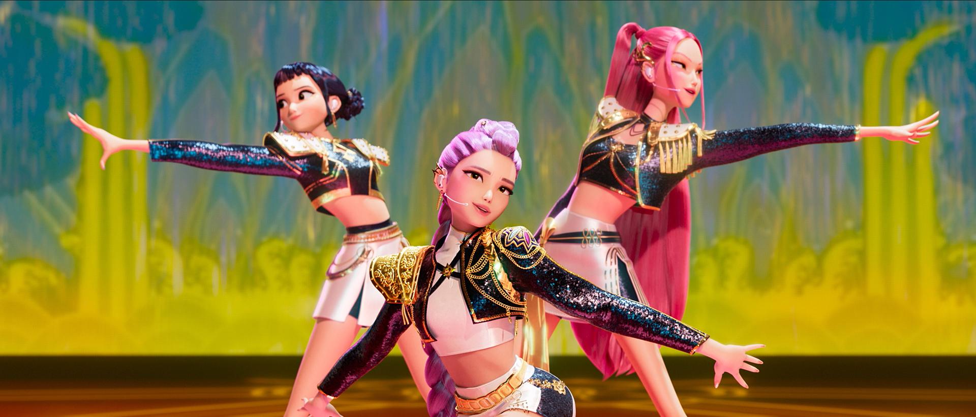 Mají hlasy, které zahánějí temnotu, pějí písně odvahy a naděje. (Kapela superhrdinek Huntrix)