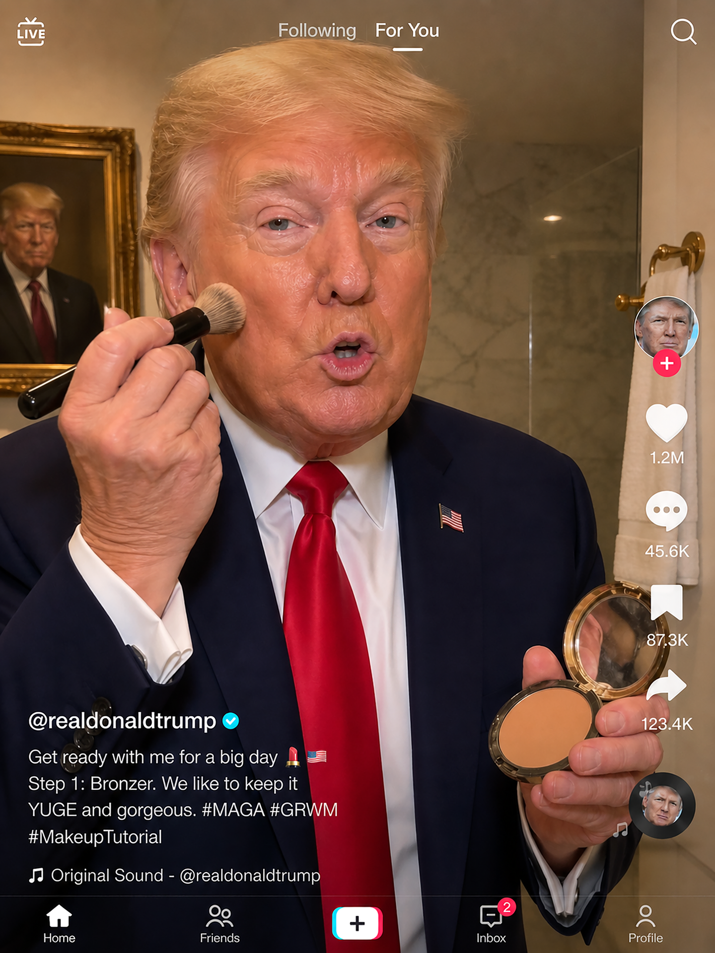 Začneme bronzem. (Obrázek vytvořený programem ChatGPT po zadání „Trump dělá návod na líčení na TikToku“)