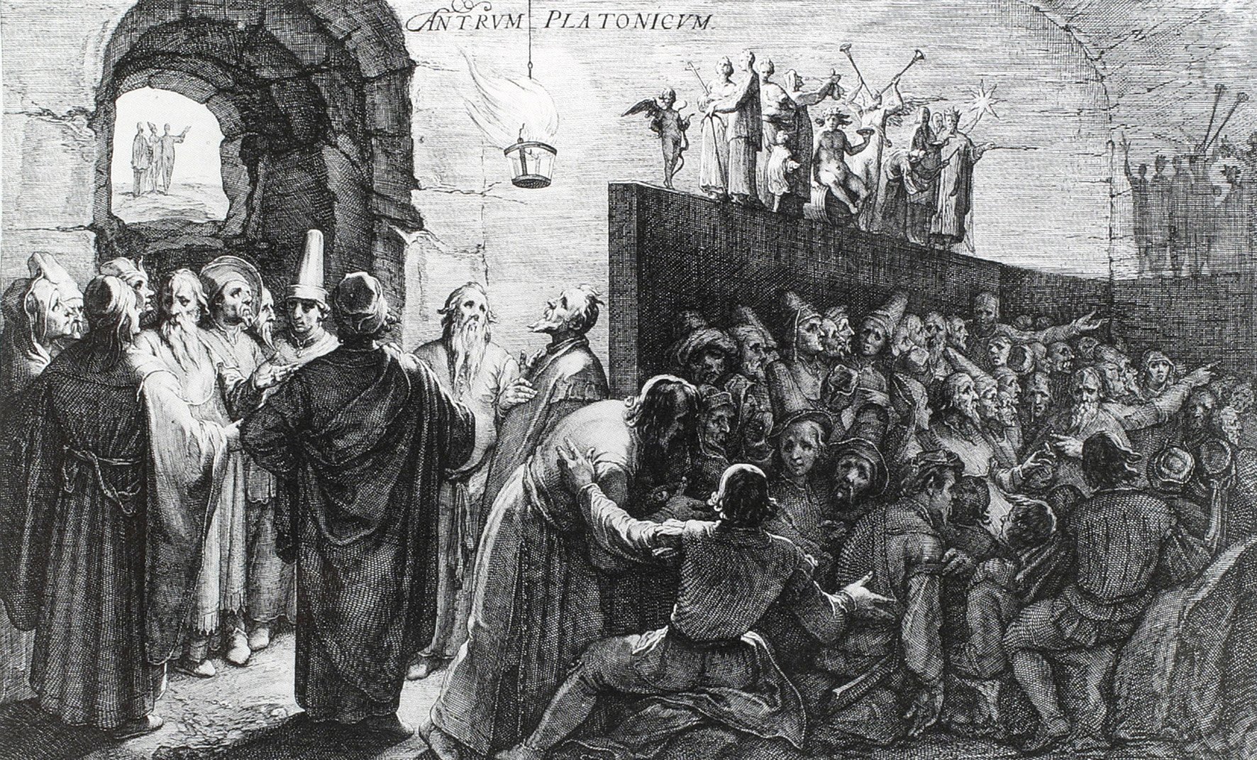 Platónovi vězni sledovali pasivně stíny. Dnešní stíny jsou aktivně vytvářeny a optimalizovány. (Rytina Jana Saenredama z roku 1604)