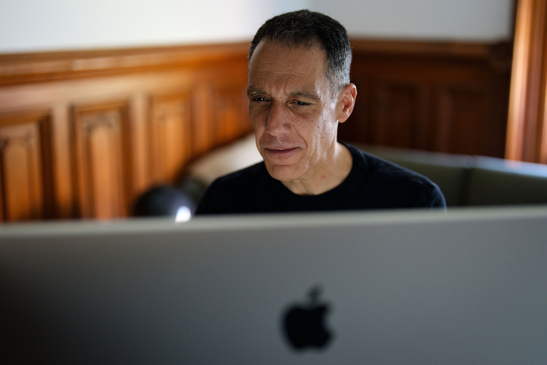 Hany Farid, the worldŐs leading expert in the field of digital forensics for more than two decades, works from his office at the University of California in Berkeley, March 12, 2026. (Erin Schaff/The New York Times)