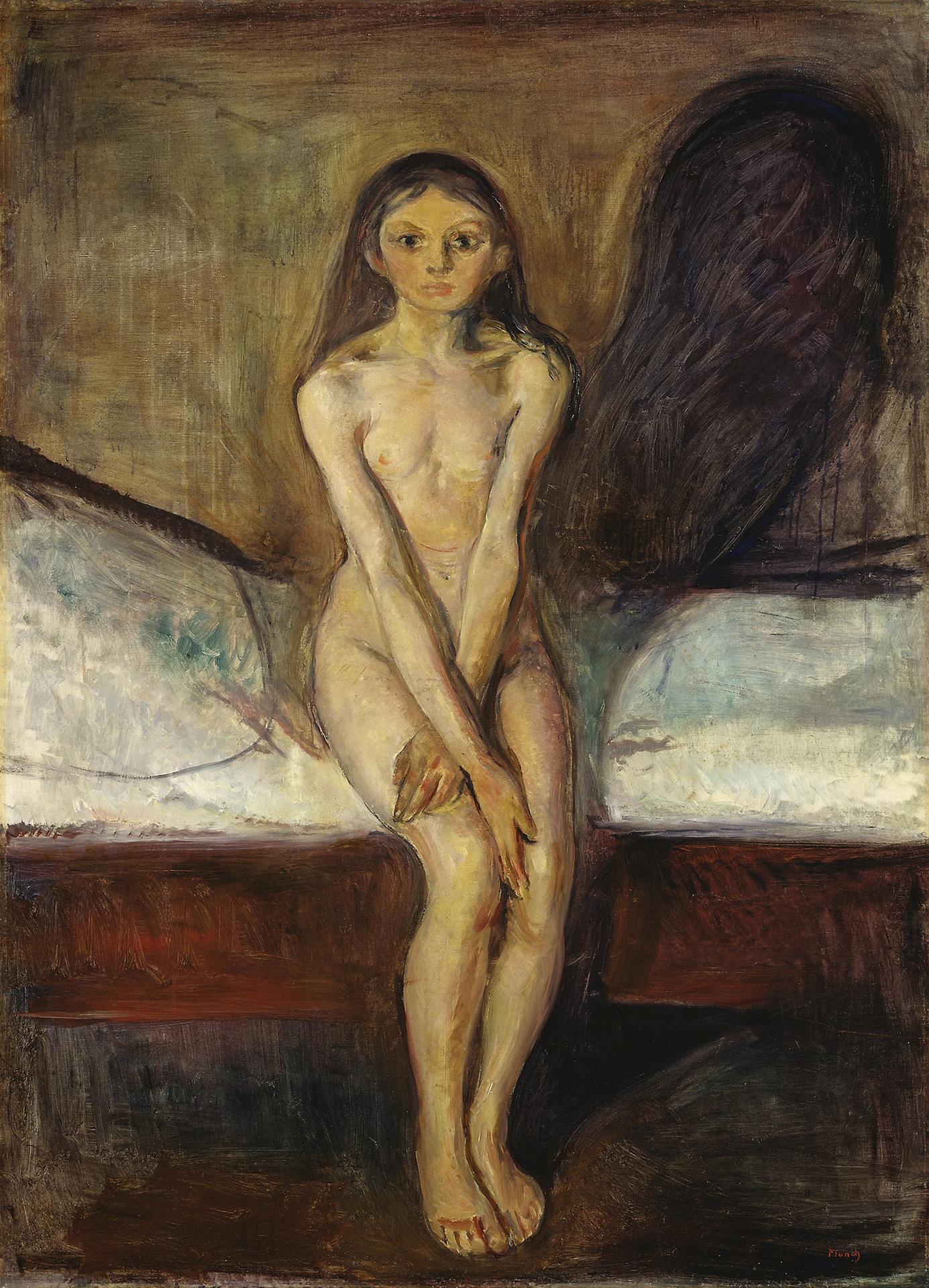 Úzkost, nejistota, zmatek, očekávání. (Edvard Munch – Puberta, obraz z let 1894–1895)